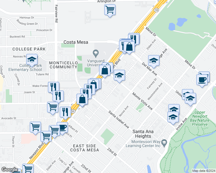 map of restaurants, bars, coffee shops, grocery stores, and more near 2459 Elden Avenue in Costa Mesa