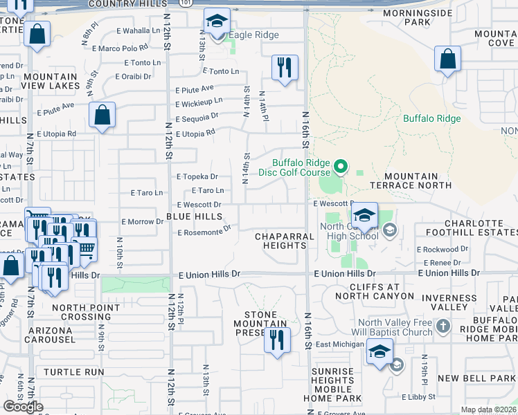 map of restaurants, bars, coffee shops, grocery stores, and more near 1417 East Wescott Drive in Phoenix
