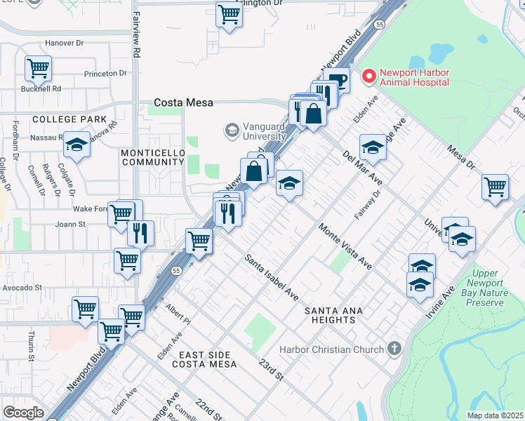 map of restaurants, bars, coffee shops, grocery stores, and more near 2459 Elden Avenue in Costa Mesa