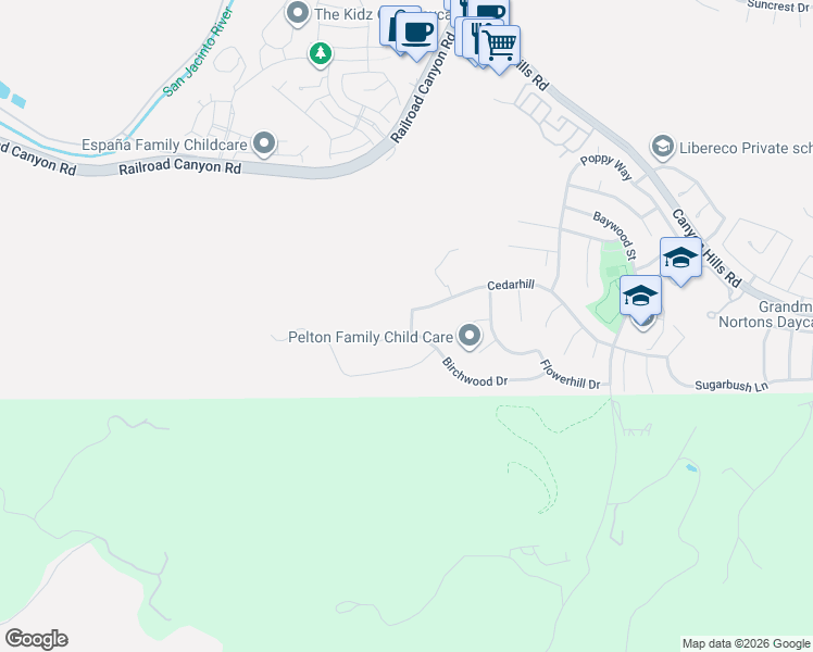 map of restaurants, bars, coffee shops, grocery stores, and more near 31878 Birchwood Drive in Lake Elsinore