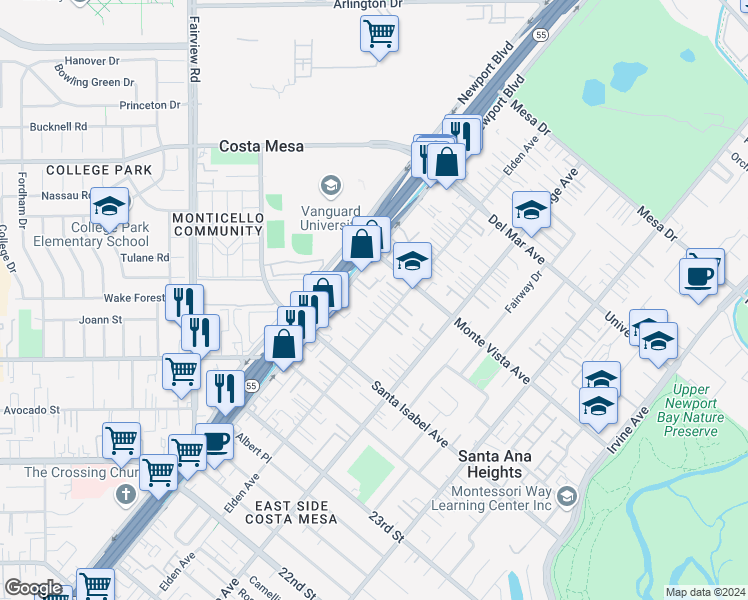 map of restaurants, bars, coffee shops, grocery stores, and more near 2459 Elden Avenue in Costa Mesa