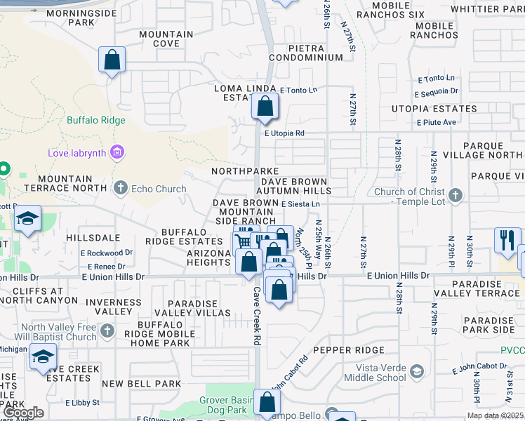 map of restaurants, bars, coffee shops, grocery stores, and more near 2404 East Morrow Drive in Phoenix