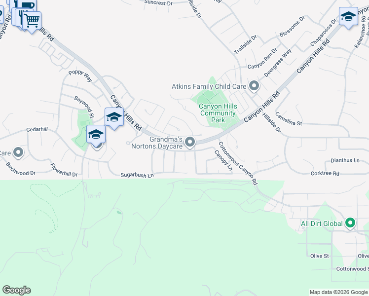 map of restaurants, bars, coffee shops, grocery stores, and more near 33058 Canopy Lane in Lake Elsinore