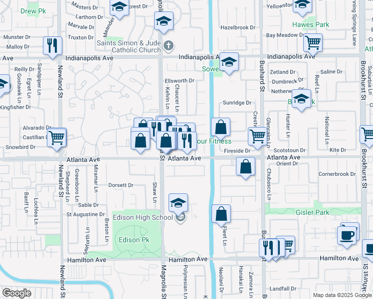 map of restaurants, bars, coffee shops, grocery stores, and more near 9159 Atlanta Avenue in Huntington Beach