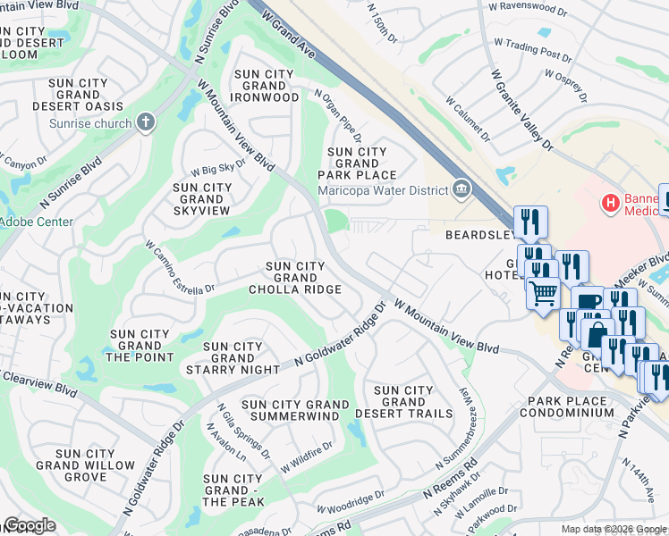 map of restaurants, bars, coffee shops, grocery stores, and more near 15144 West Cactus Ridge Way in Surprise