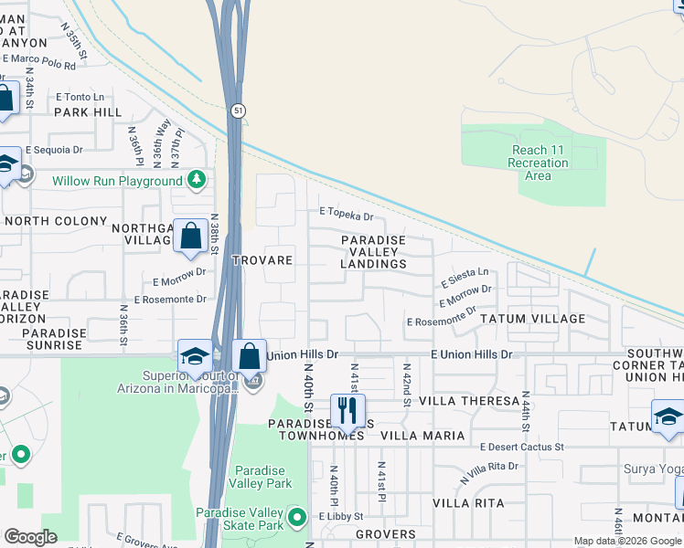 map of restaurants, bars, coffee shops, grocery stores, and more near 18836 North 40th Place in Phoenix