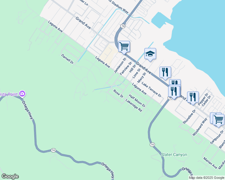 map of restaurants, bars, coffee shops, grocery stores, and more near 15467 Rose Street in Lake Elsinore