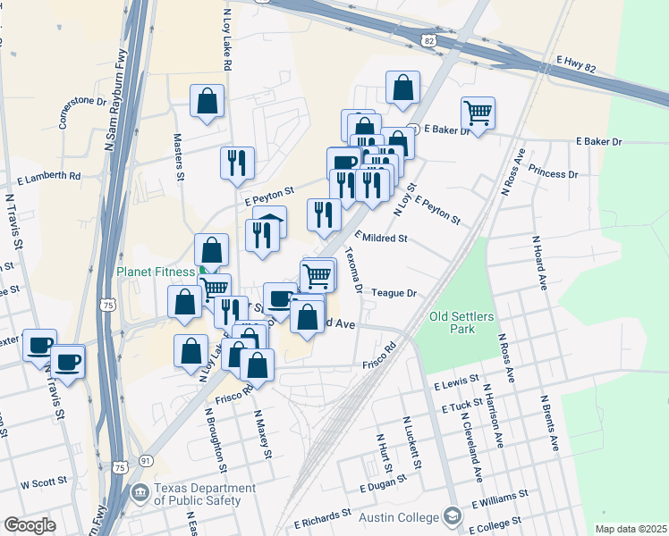 map of restaurants, bars, coffee shops, grocery stores, and more near 1897-2023 Highway 91 in Sherman