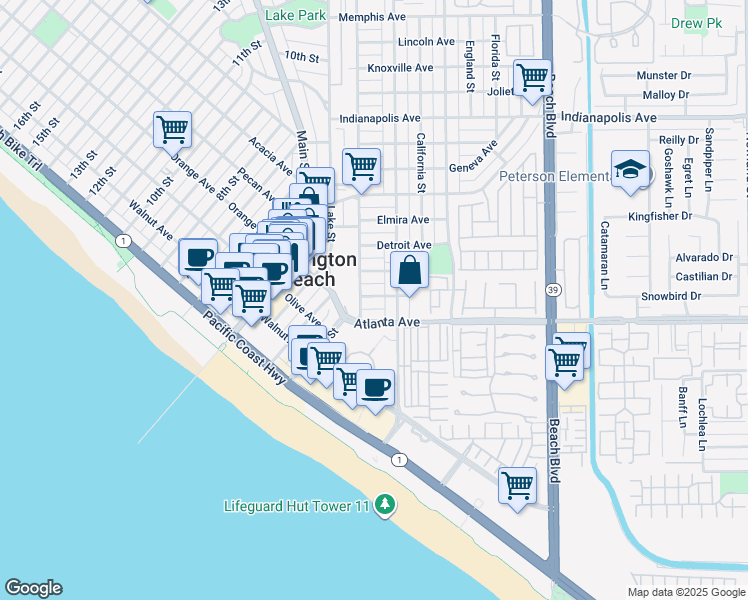 map of restaurants, bars, coffee shops, grocery stores, and more near 212 Baltimore Avenue in Huntington Beach