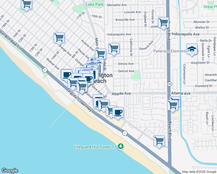 map of restaurants, bars, coffee shops, grocery stores, and more near 400 Lake Street in Huntington Beach