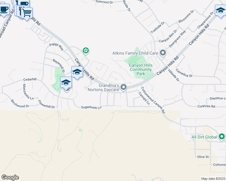 map of restaurants, bars, coffee shops, grocery stores, and more near 33046 Canopy Lane in Lake Elsinore