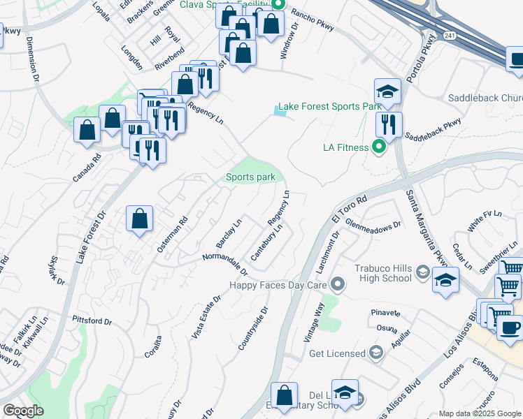 map of restaurants, bars, coffee shops, grocery stores, and more near 20947 Parkridge in Lake Forest