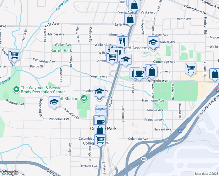 map of restaurants, bars, coffee shops, grocery stores, and more near 3549 Main St in Atlanta