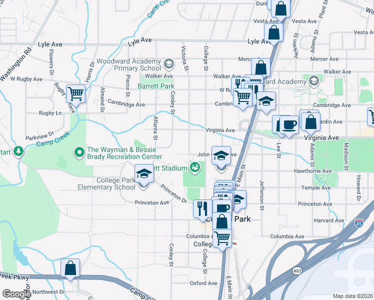 map of restaurants, bars, coffee shops, grocery stores, and more near 3555 Victoria Street in College Park