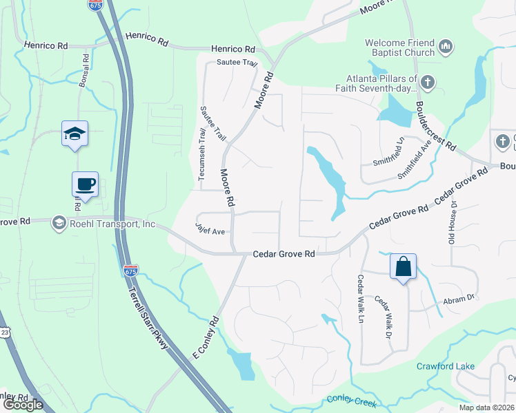 map of restaurants, bars, coffee shops, grocery stores, and more near 1796 Janjolin Way in Conley