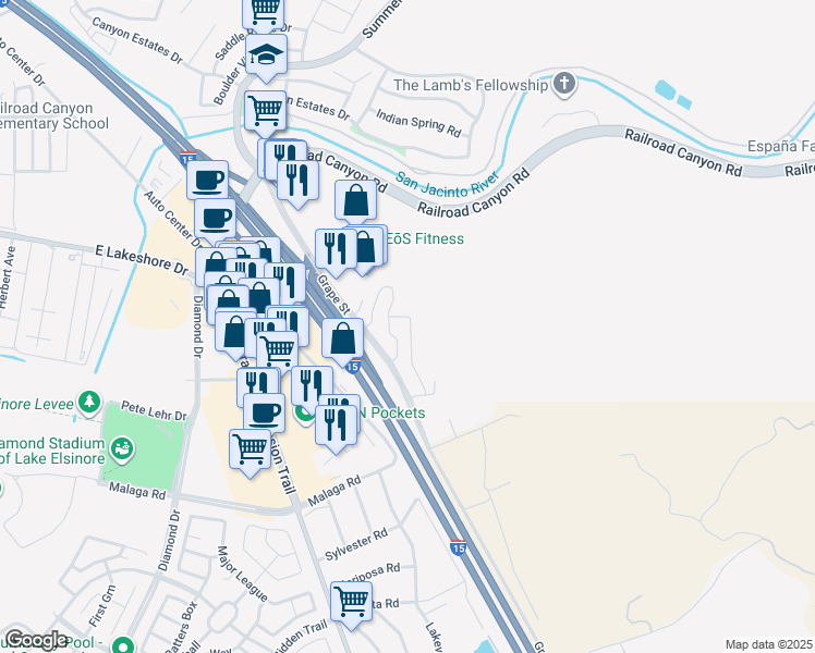 map of restaurants, bars, coffee shops, grocery stores, and more near 15663 Vista Way in Lake Elsinore