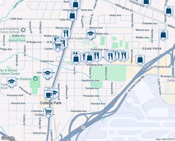 map of restaurants, bars, coffee shops, grocery stores, and more near 1622 Virginia Avenue in College Park