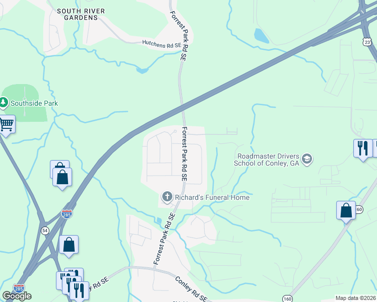 map of restaurants, bars, coffee shops, grocery stores, and more near 3494 Forrest Park Road Southeast in Atlanta