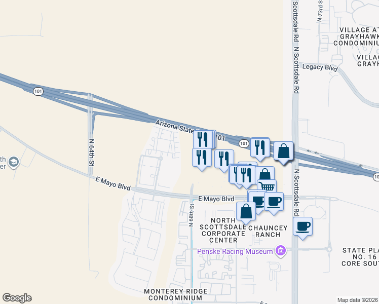 map of restaurants, bars, coffee shops, grocery stores, and more near Pima Freeway in Phoenix
