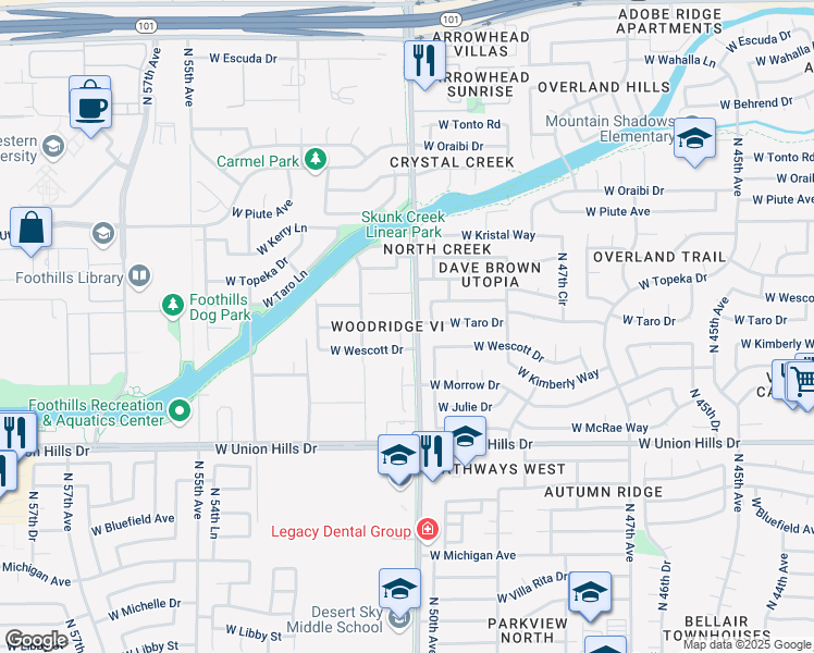 map of restaurants, bars, coffee shops, grocery stores, and more near 19032 North 51st Drive in Glendale