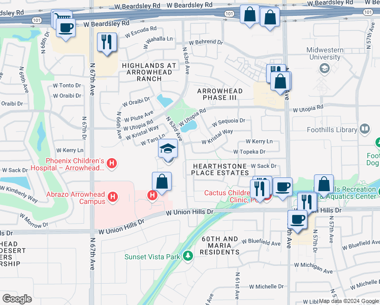 map of restaurants, bars, coffee shops, grocery stores, and more near 6214 West Kerry Lane in Glendale
