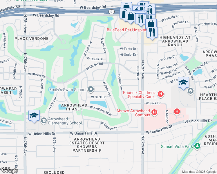 map of restaurants, bars, coffee shops, grocery stores, and more near 19007 North 69th Avenue in Glendale