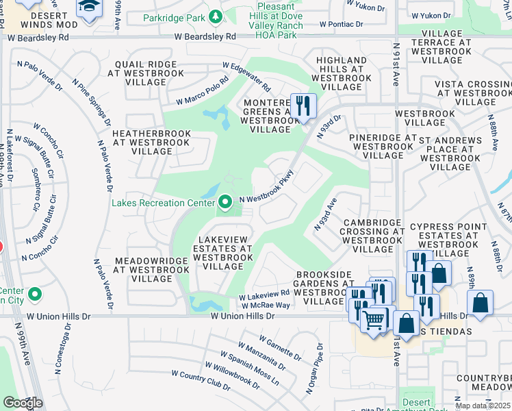 map of restaurants, bars, coffee shops, grocery stores, and more near 19281 North Westbrook Parkway in Peoria