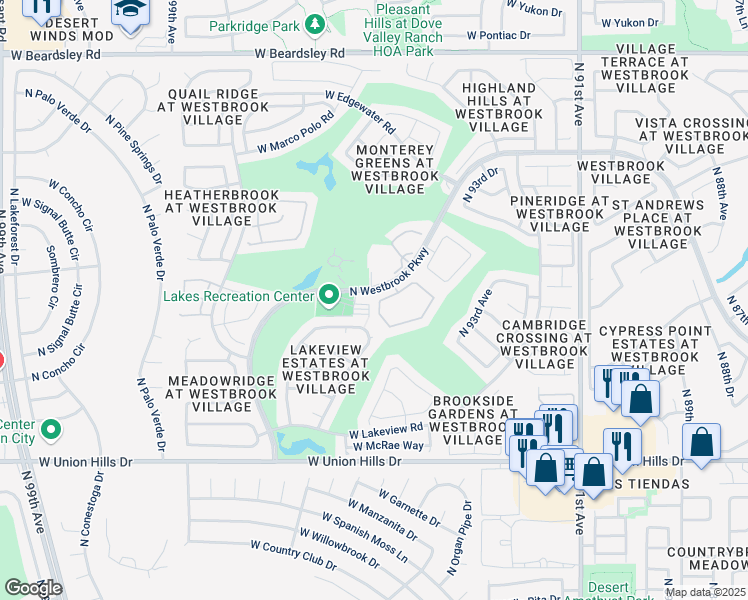 map of restaurants, bars, coffee shops, grocery stores, and more near 19281 North Westbrook Parkway in Peoria