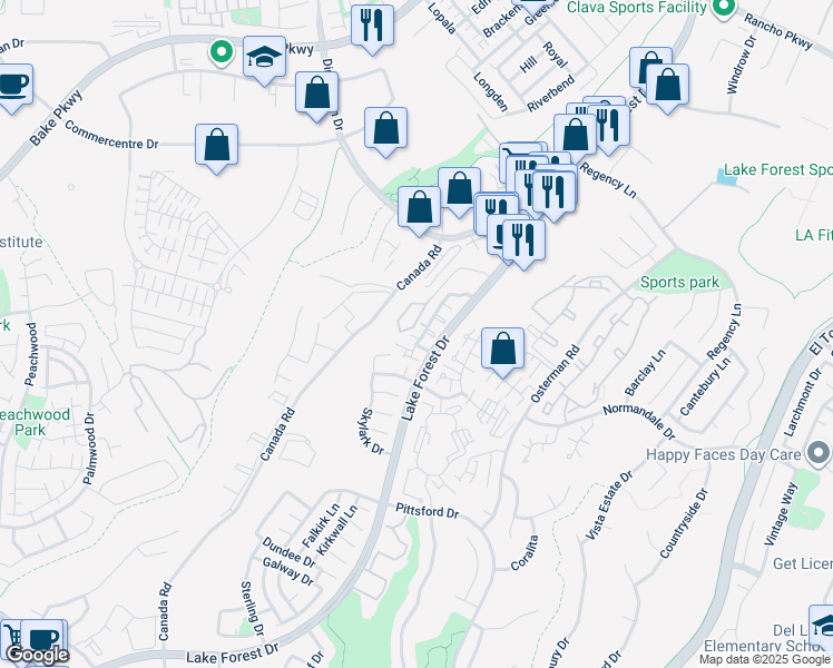 map of restaurants, bars, coffee shops, grocery stores, and more near 26266 Moor Glen in Lake Forest