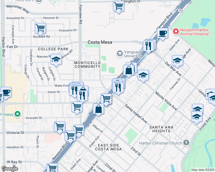 map of restaurants, bars, coffee shops, grocery stores, and more near 2250 Vanguard Way in Costa Mesa
