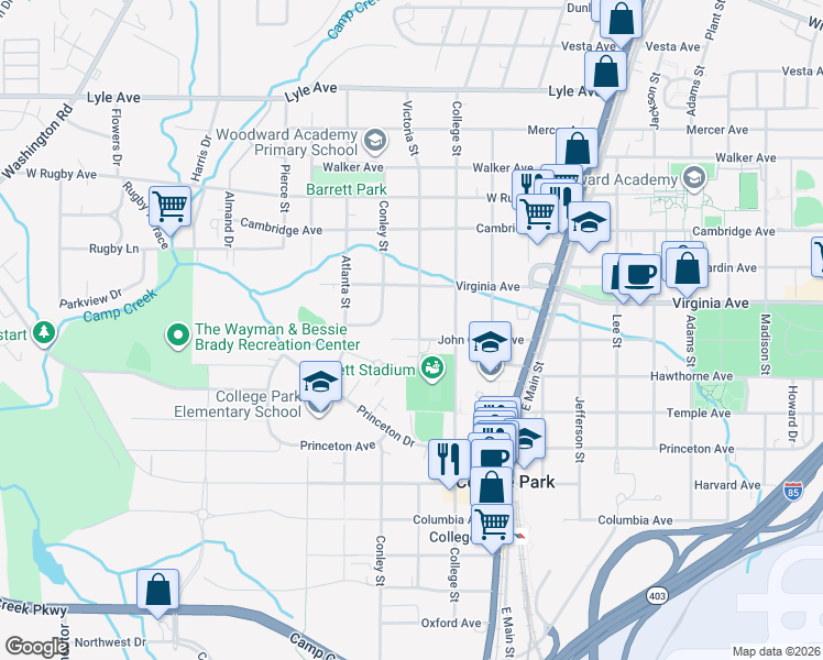 map of restaurants, bars, coffee shops, grocery stores, and more near 3555 Victoria Street in College Park
