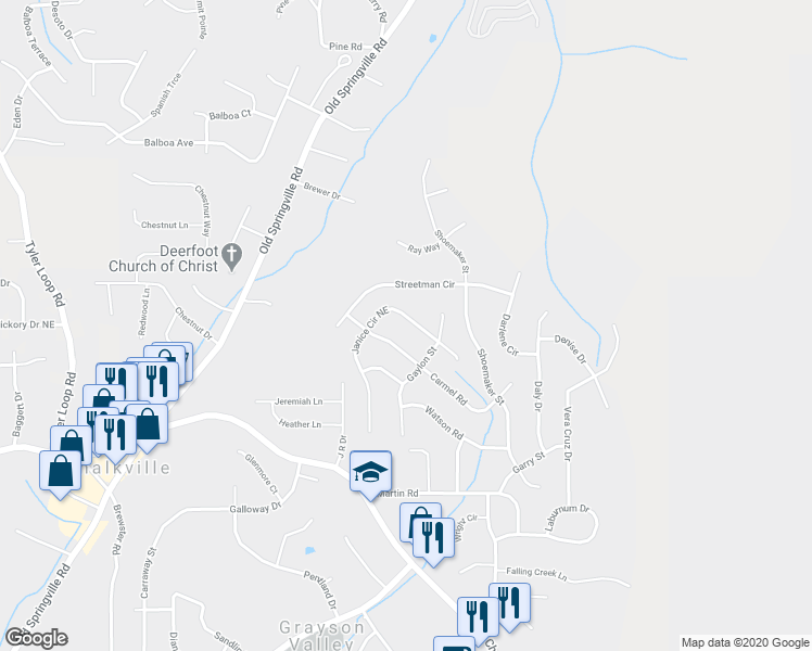 map of restaurants, bars, coffee shops, grocery stores, and more near 2642 Janice Circle Northeast in Birmingham