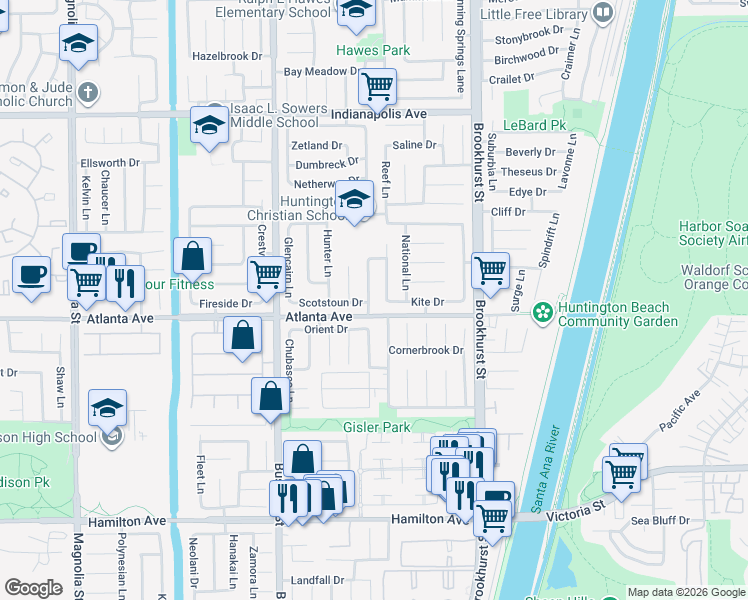 map of restaurants, bars, coffee shops, grocery stores, and more near 20942 Queens Park Lane in Huntington Beach