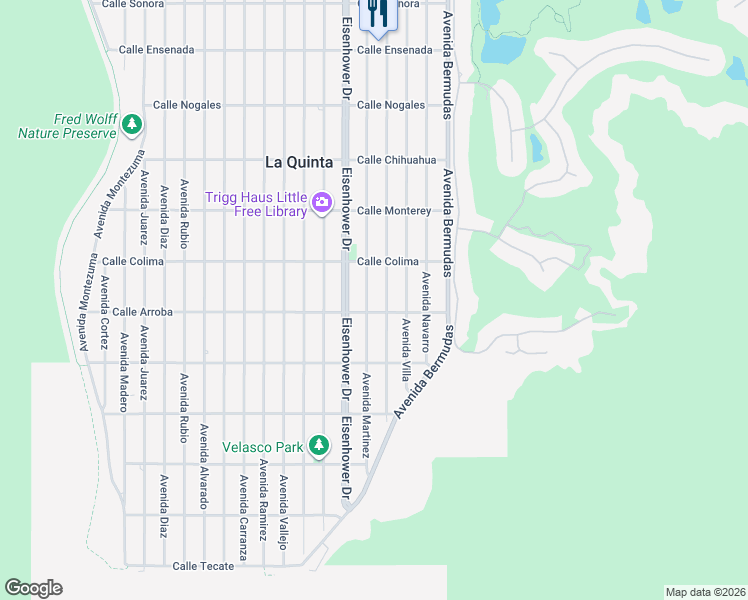 map of restaurants, bars, coffee shops, grocery stores, and more near 53680 Avenue Martinez in La Quinta