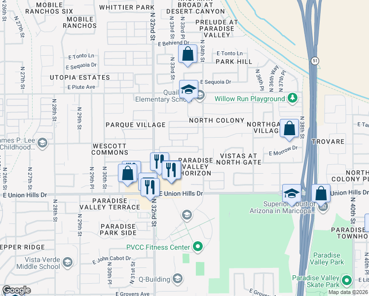 map of restaurants, bars, coffee shops, grocery stores, and more near 3313 East Siesta Lane in Phoenix