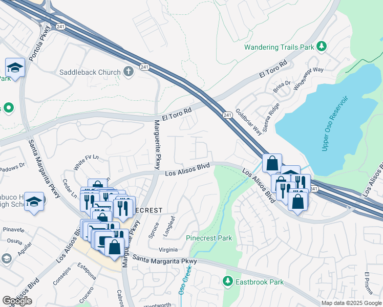 map of restaurants, bars, coffee shops, grocery stores, and more near 153 Valley View Terrace in Mission Viejo
