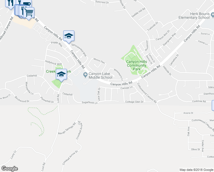 map of restaurants, bars, coffee shops, grocery stores, and more near 33040 Canopy Lane in Lake Elsinore