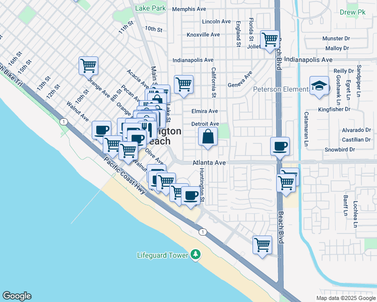 map of restaurants, bars, coffee shops, grocery stores, and more near 210 Baltimore Avenue in Huntington Beach
