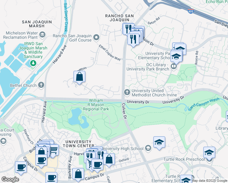 map of restaurants, bars, coffee shops, grocery stores, and more near 16 Rana in Irvine