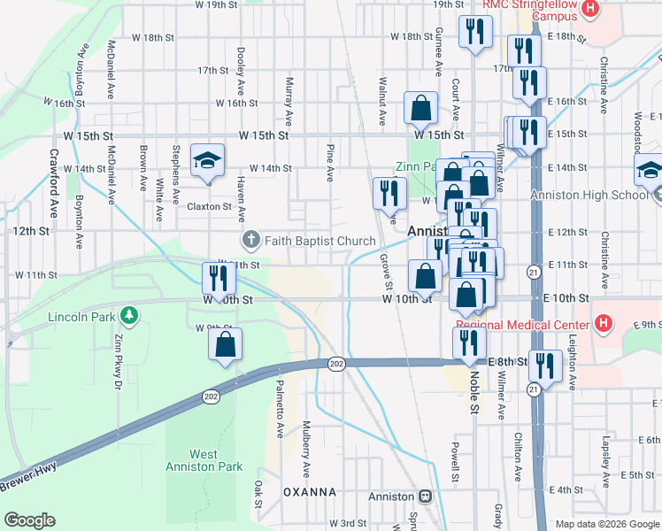 map of restaurants, bars, coffee shops, grocery stores, and more near Pine Avenue in Anniston