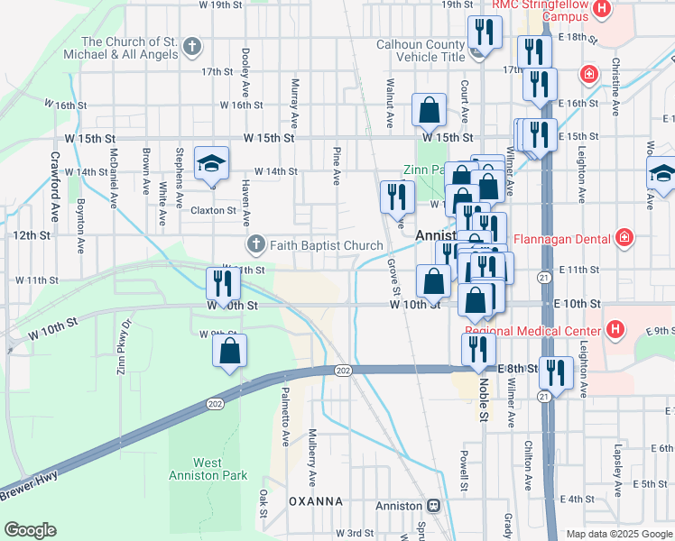map of restaurants, bars, coffee shops, grocery stores, and more near Pine Avenue in Anniston