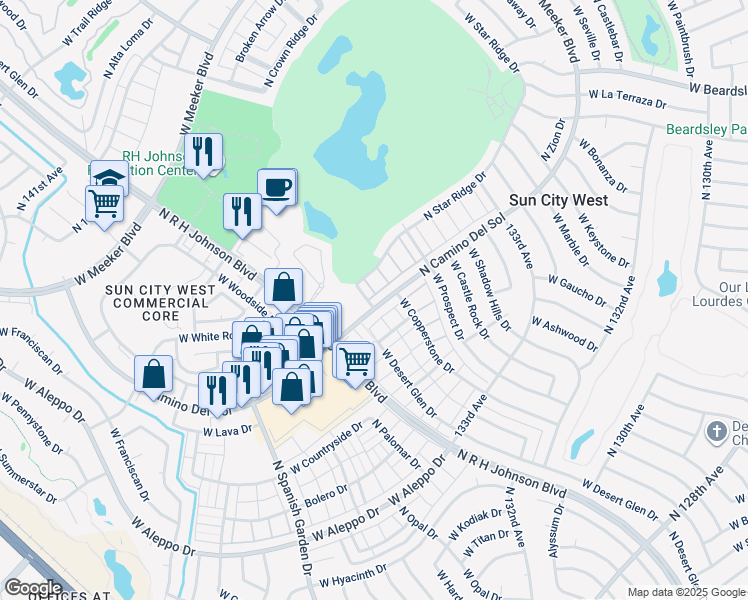 map of restaurants, bars, coffee shops, grocery stores, and more near 19026 North Camino Del Sol in Sun City