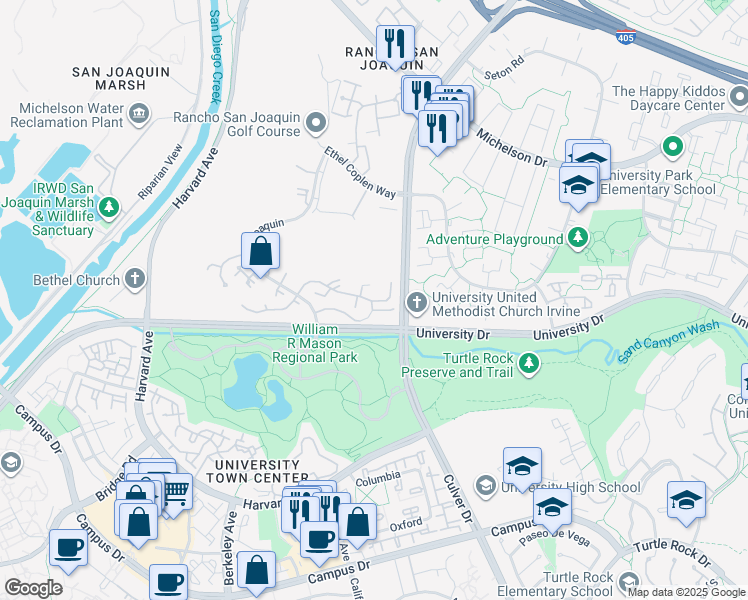 map of restaurants, bars, coffee shops, grocery stores, and more near 15 Rana in Irvine