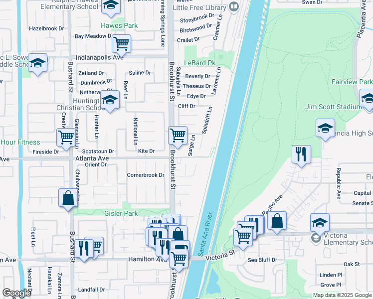 map of restaurants, bars, coffee shops, grocery stores, and more near 20931 Surge Lane in Huntington Beach