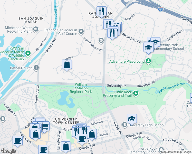 map of restaurants, bars, coffee shops, grocery stores, and more near 18 Solana in Irvine