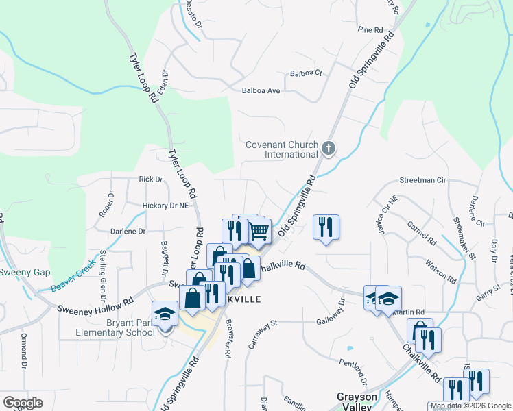 map of restaurants, bars, coffee shops, grocery stores, and more near 2520 Beechwood Trail in Pinson