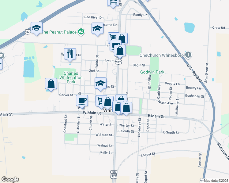 map of restaurants, bars, coffee shops, grocery stores, and more near 111 Wainwright Street in Whitesboro