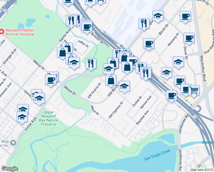 map of restaurants, bars, coffee shops, grocery stores, and more near 2056 Orchard Drive in Newport Beach