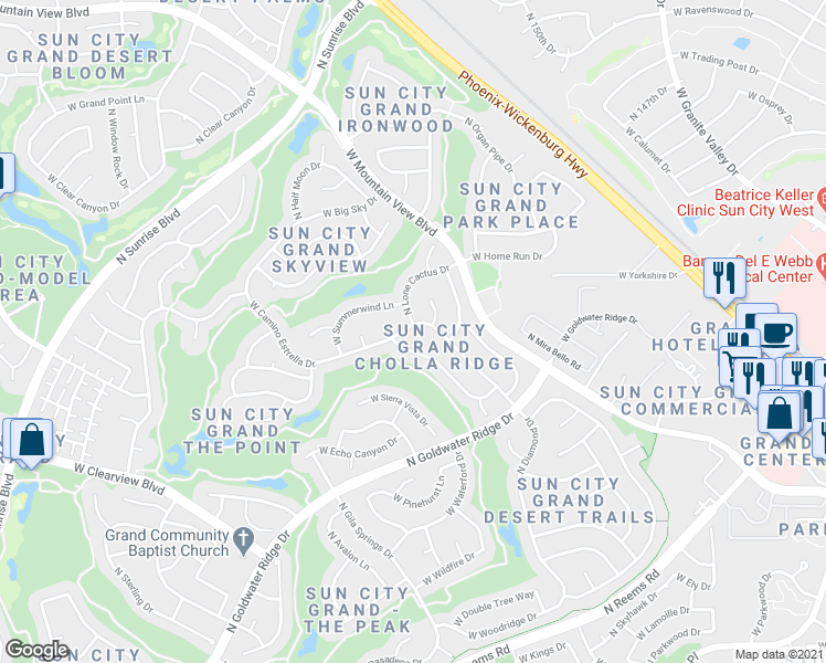 map of restaurants, bars, coffee shops, grocery stores, and more near 15243 West Camino Estrella Drive in Surprise