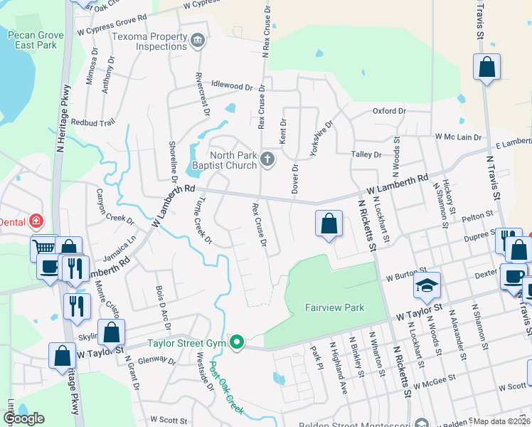 map of restaurants, bars, coffee shops, grocery stores, and more near 2406 Ridgewood Drive in Sherman